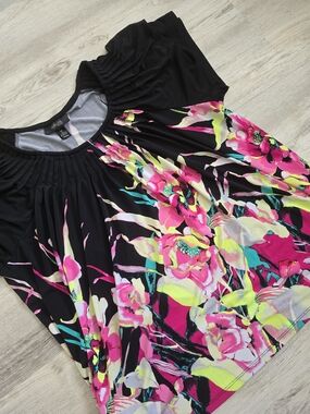 Style & Co. Black Floral Neon Pink Short Sleeve Blouse